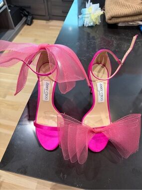 Jimmy Choo Hot Pink Tulle Bow Ankle-Strap Heels